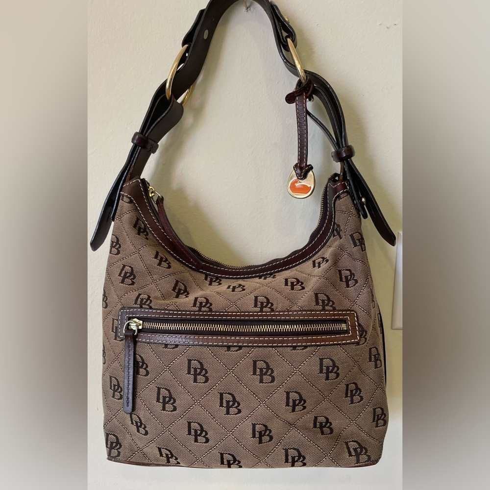 Vintage Dooney & Bourke K6147966 Logo Canvas & Brown Hobo Shoulder/Satchel Bag